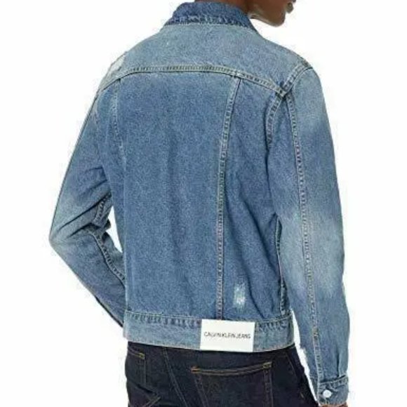 $148 Calvin Klein Men's Denim Trucker Jacket, Ed Blue Destruct, Large - Picture 2 of 6